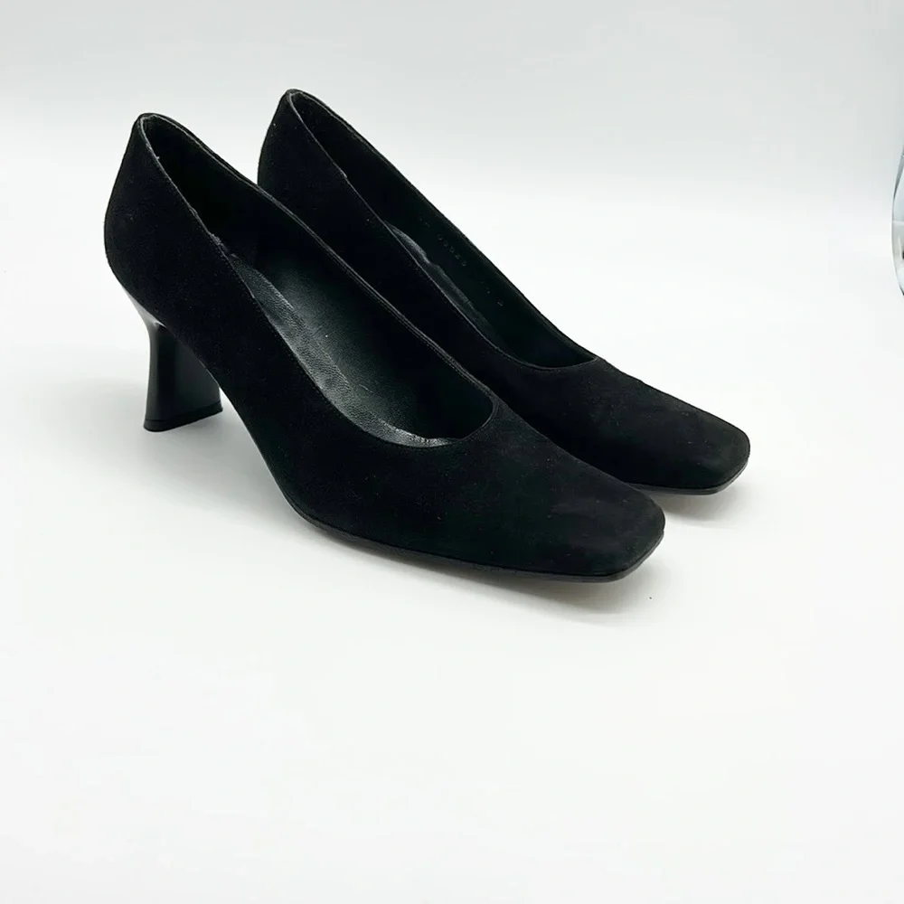 Stuart Weitzman‎ Black Suede Heels Women's 7.5 B Patent Heel Square Toe
